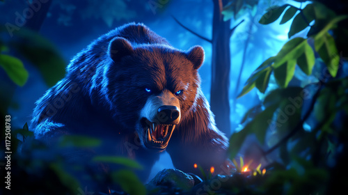 A fierce bear prowls through a mystical forest, illuminated by the eerie blue light, showcasing its power and majesty in nature. photo