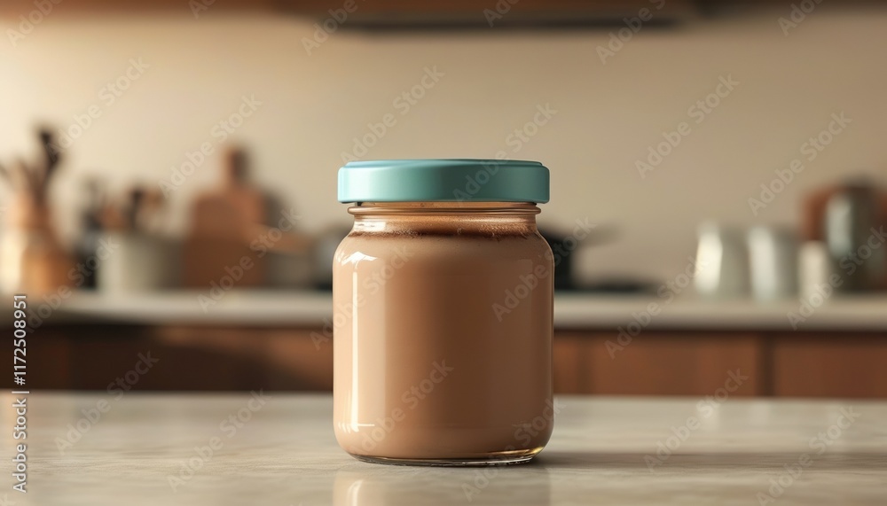 Clean empty jar with blank white label on kitchen counter Clean empty jar with blank white label on kitchen counter