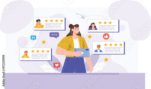 A flat vector illustration of a feedback and ratings system, featuring a digital interface with star ratings, comment sections, and user profile icons, all designed in a clean
