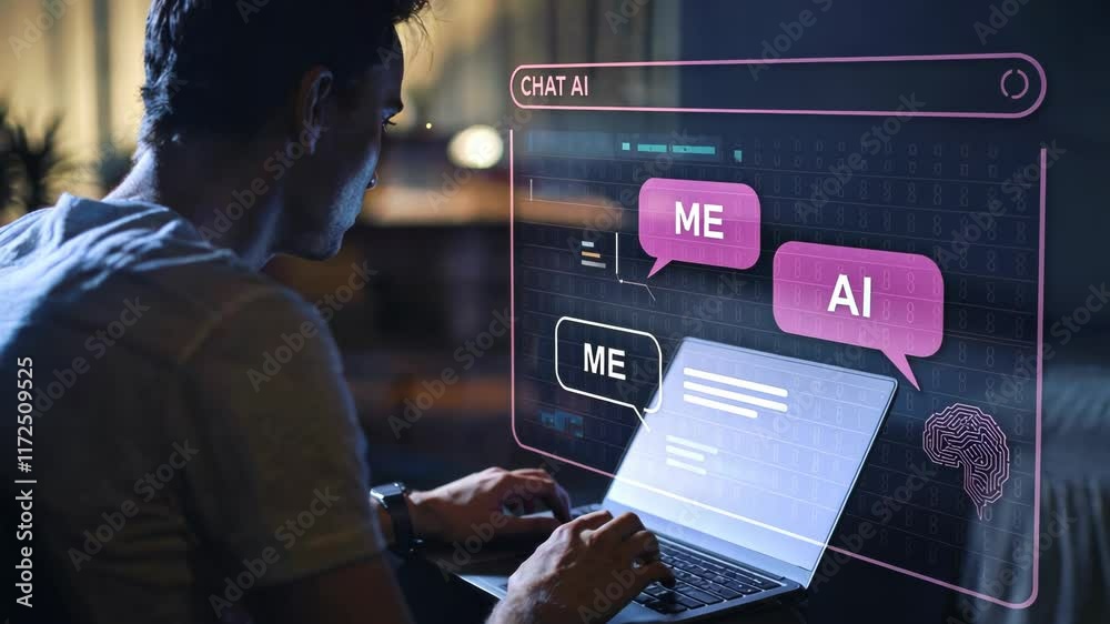 ChatGPT, LLMs (Large Language Models) Chat With AI Technology. Man Using a Laptop Computer Chatting With an Intelligent Artificial Intelligence. Smart Assistant Futuristic Concept.