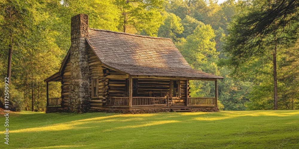 Fototapeta premium Historic cabin in the Great Smoky Mountains, embodying early American architecture, is a prominent landmark showcasing the charm and rustic beauty of an era rich in history.