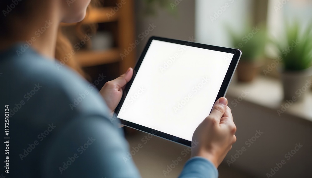 Woman holding a blank digital tablet device with shallow depth of field with plants in background, showcasing mobile technology and online browsing concept. Woman holding a blank digital tablet device with shallow depth of field with plants in background, showcasing mobile technology and online browsing concept.