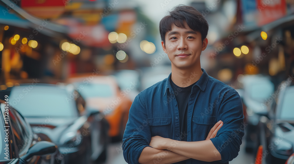 Fototapeta premium Confident Asian Man in City Street