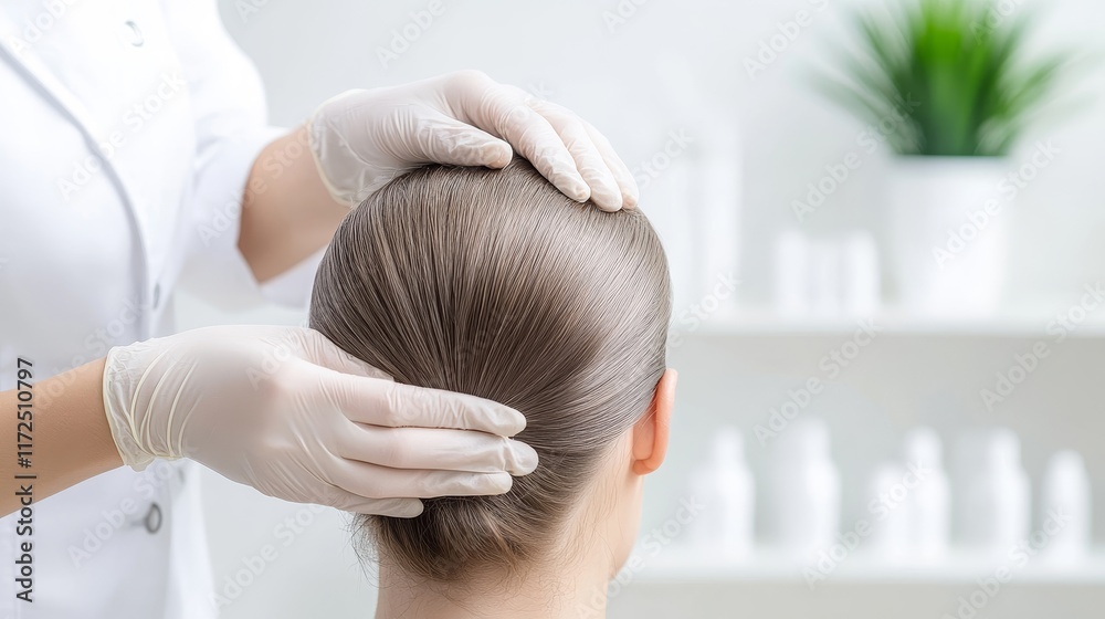Fototapeta premium Professional hairstyling procedure with a focus on hygiene and care, showcasing a stylist in gloves consulting with a client in a modern salon environment.