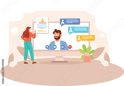 A virtual job interview illustration in digital flat vector style, depicting a professional setting with a candidate and interviewer engaged in a video call, surrounded by digital tools and a virtual 