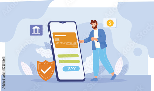 A banking and finance app illustration depicting a user conducting secure transactions, featuring elements like a mobile device, secure authentication icons