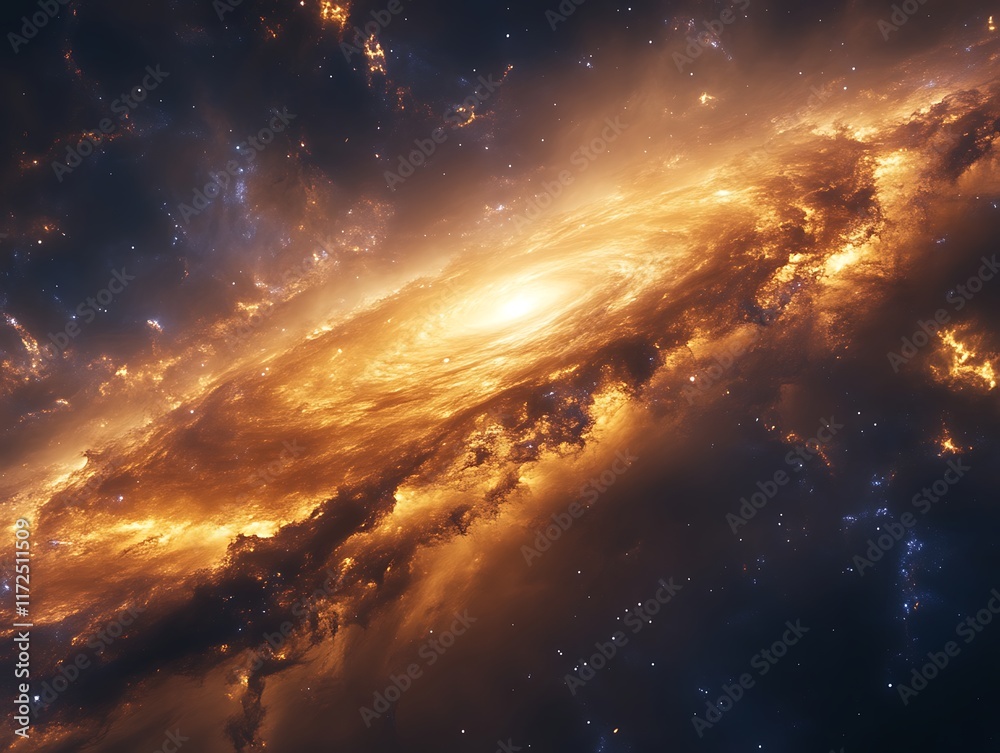 Fototapeta premium Glowing orange spiral galaxy in deep space.