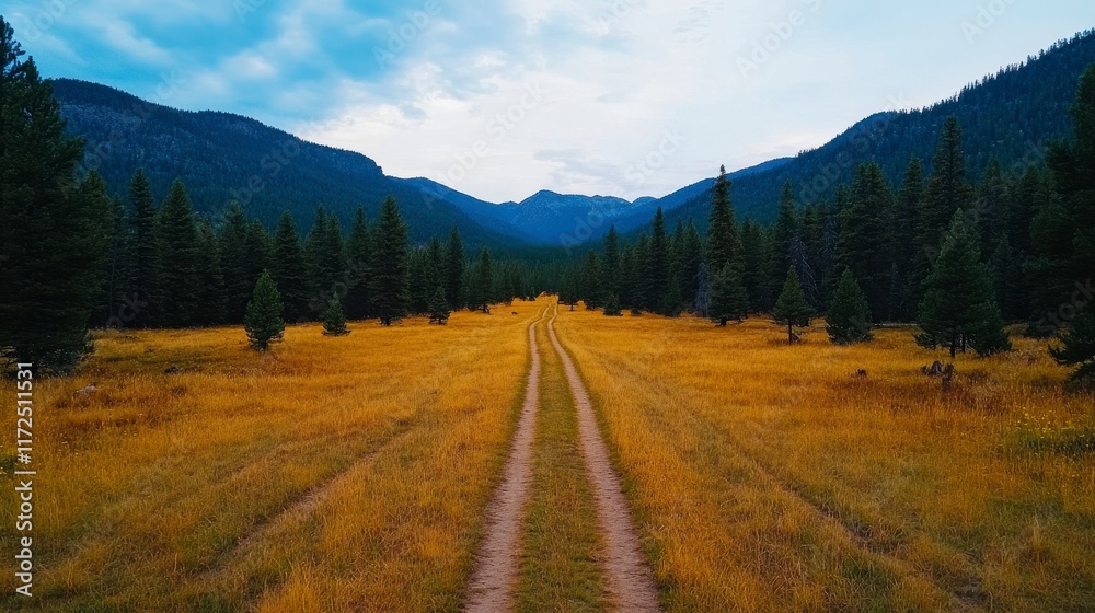 Obraz premium Expansive golden meadow framed by majestic mountains and a winding dirt path under a blue sky