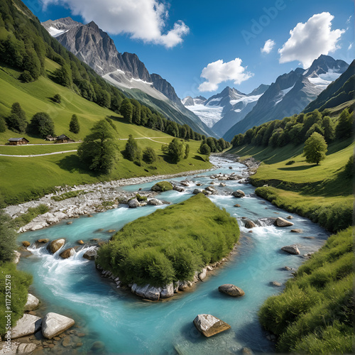 Panorama eines wandergebietes in den alpen mit wildbach und gletscher im hintergrund River landscapes Ultra realistic Photorealistic landscape photographywater travel sky beautiful tourism outdoor photo