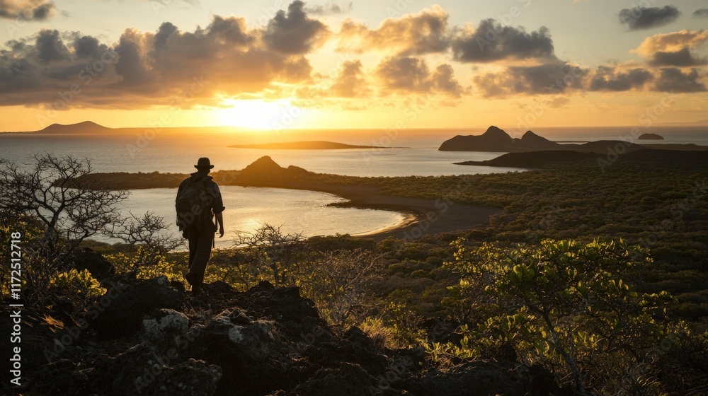 Hiker watches sunrise over scenic galapagos islands landscape Hiker watches sunrise over scenic galapagos islands landscape