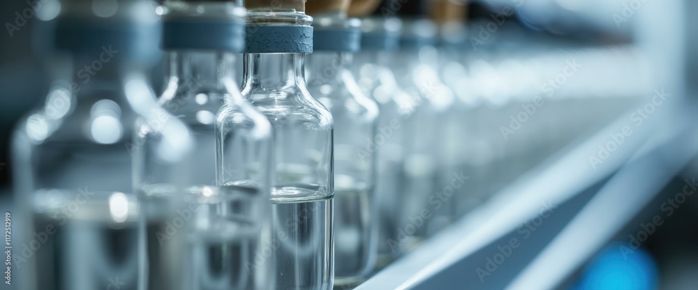 Close up of several small bottles with clear liquid and blue caps arranged in a row at a pharmaceutical laboratory or research facility, health and medicine concept Close up of several small bottles with clear liquid and blue caps arranged in a row at a pharmaceutical laboratory or research facility, health and medicine concept
