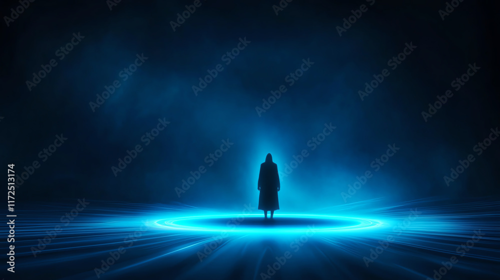 A mystical figure stands in a glowing blue circle, evoking feelings of isolation and introspection in a dark atmosphere. A mystical figure stands in a glowing blue circle, evoking feelings of isolation and introspection in a dark atmosphere.