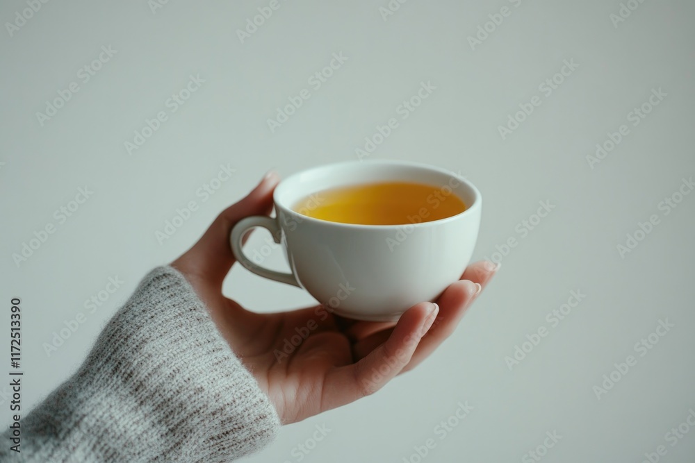 Warm cup of tea held gently, showcasing soothing colors and cozy Warm cup of tea held gently, showcasing soothing colors and cozy