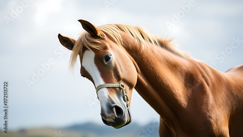 A chestnut horse with a flaxen mane and tail stands peacefully in a field, its head turned slightly, showcasing its beautiful coat and features. photo