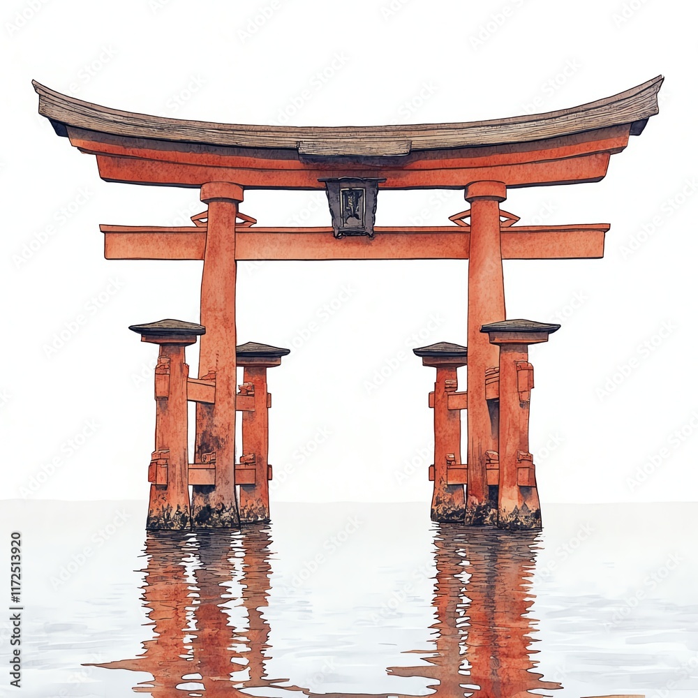Traditional Japanese Torii gate reflected in water, white isolate background. Traditional Japanese Torii gate reflected in water, white isolate background.