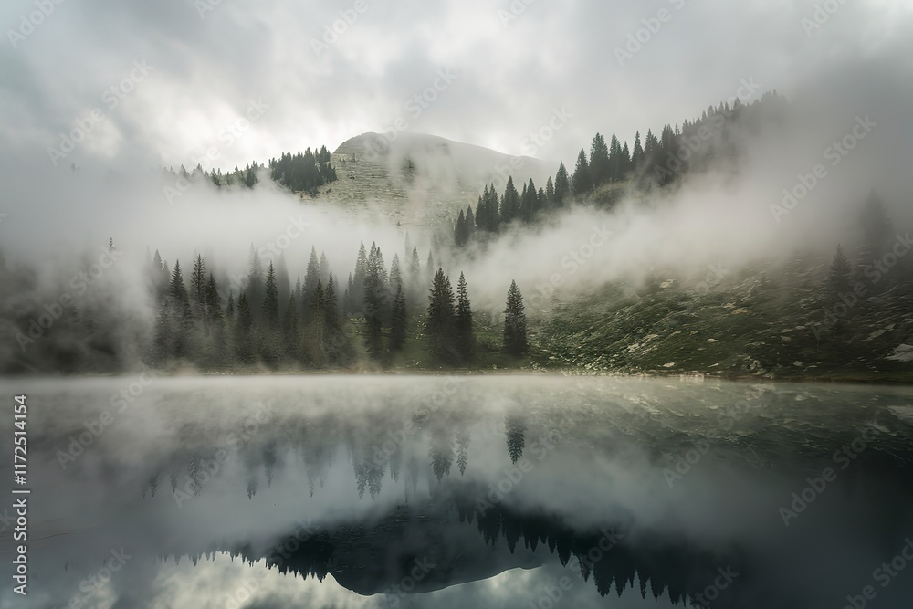 Fototapeta premium An early morning scene of a mystical alpine landscape with a mountain lake surrounded by fog