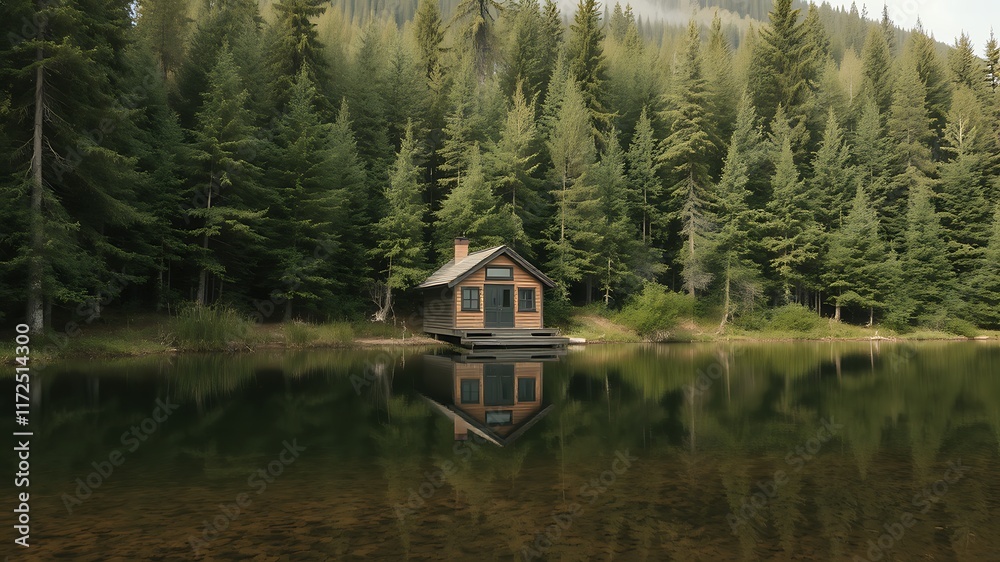 Obraz premium Secluded lakeside cabin nestled in a lush evergreen forest reflecting peacefully in the still water.