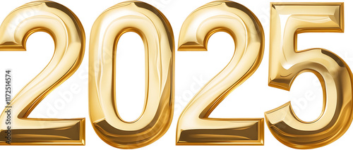 Premium 2025 New Year Text in 3D Gold, Golden New Year Text for 2025, Shiny 3D Gold Text 2025 Isolated on Transparent Background