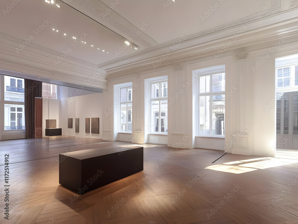 Fototapeta premium Sunlit Gallery Interior, Wooden Floor Illustration