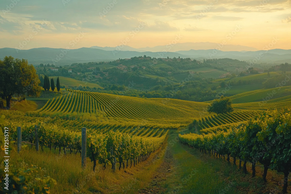 Fototapeta premium Vineyard in the hills of Tuscany, with rows of grapevines stretching into the distance under a clear blue sky.