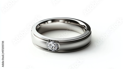 Elegant silver wedding ring with diamond detail, white isolate background.