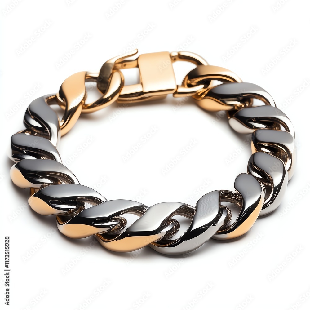 Stylish metallic chain bracelet with gold and silver links, white isolated background. Stylish metallic chain bracelet with gold and silver links, white isolated background.