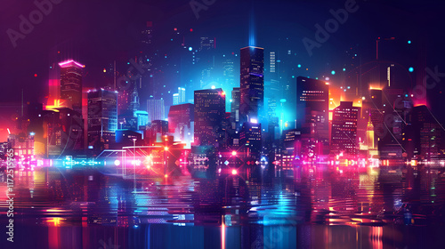 Futuristic Cyberpunk Cityscape A Vibrant Urban Night with Neon Reflections and Glowing Lights,Wide angle futuristic city skyline in blue and purple hues,Skyline with neon colored city at night

