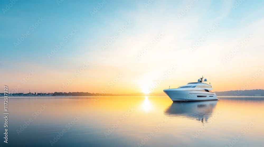Serene Sunrise Over Water with Luxury Yacht Silhouetted Against a Colorful Sky Reflecting on Calm Lake Surface in a Peaceful Coastal Setting Serene Sunrise Over Water with Luxury Yacht Silhouetted Against a Colorful Sky Reflecting on Calm Lake Surface in a Peaceful Coastal Setting