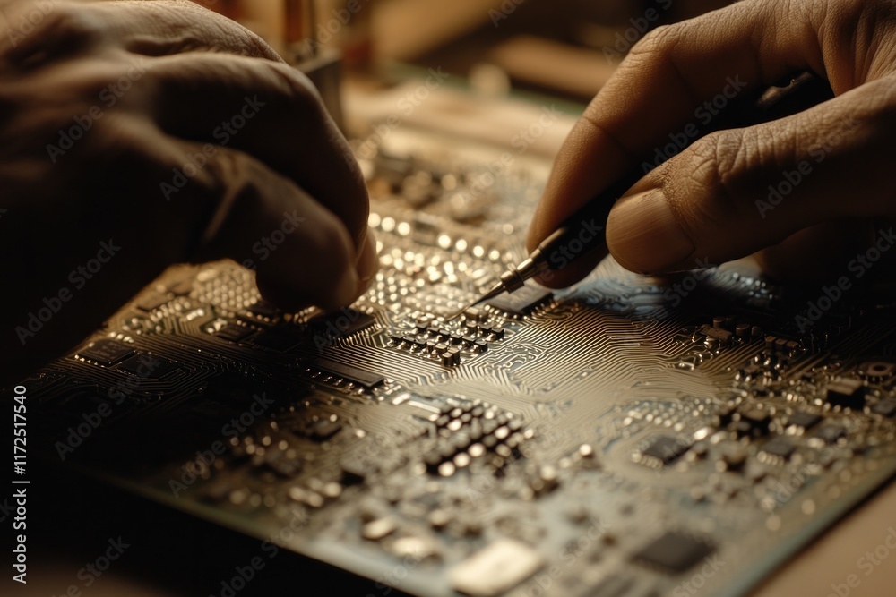 Hands skillfully repair intricate circuitry on detailed circuit Hands skillfully repair intricate circuitry on detailed circuit