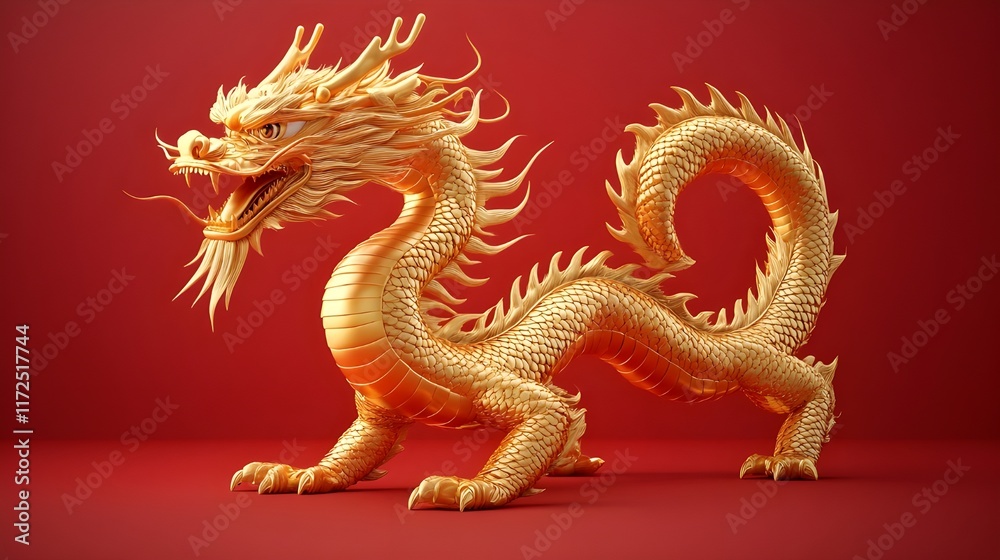 Obraz premium Golden Dragon Statue, a symbol of ancient Chinese culture, often seen as temple decoration or a source of inspiration for art and tattoo designs. perfect for Chinese New Year decorations