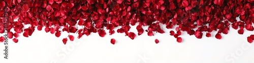 Vibrant red rose petals arranged in a cascading border on a white background photo