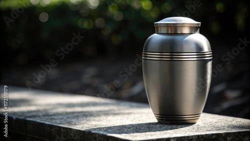 A funeral urn rests on a stone surface, symbolizing memory, grief and the cycle of life and death