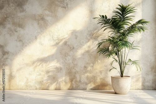 A 3D rendering of a room with a beige stucco wall and a potted plant serves as interior background in stock photo