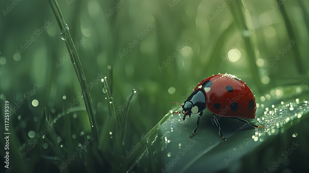 Obraz premium Close up of ladybug on dew covered leaf in lush green setting