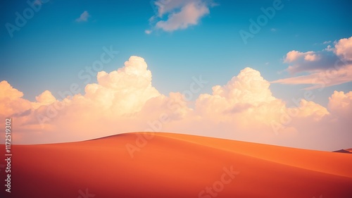 Vibrant sunset hues paint the desert landscape with soft, fluffy clouds above rolling sand dunes. photo