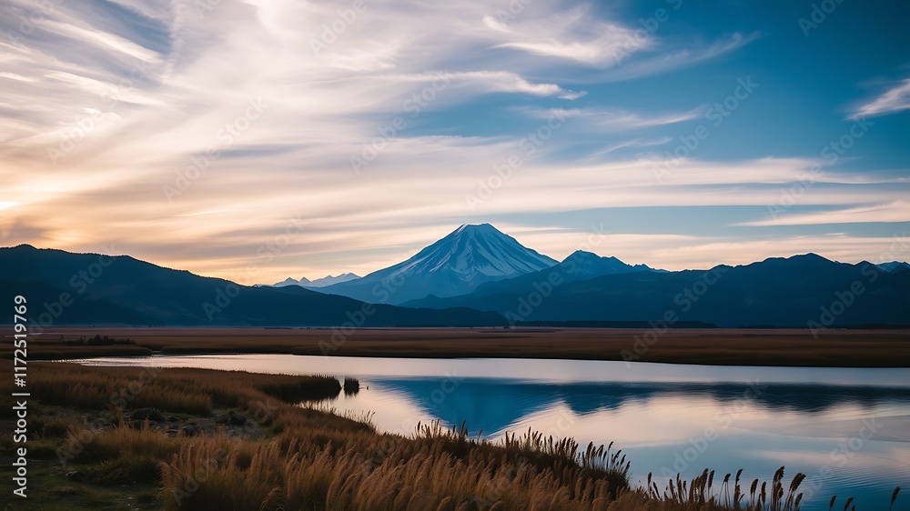 Naklejka premium Serene sunset landscape featuring a majestic snow-capped mountain reflected in a calm lake, with golden grass in the foreground.