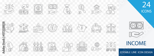 Income thin line icon set. containing money, bank, accounting, economy, payment, revenue, saving and more stroke icons