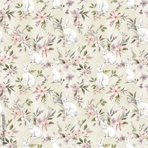 Wallpaper Mural Easter Seamless Pattern with Bunny and Flowers in pastel colors Torontodigital.ca