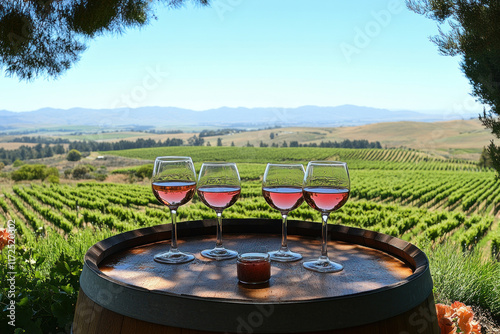 Two glasses of wine on a barrel in the vineyard. photo