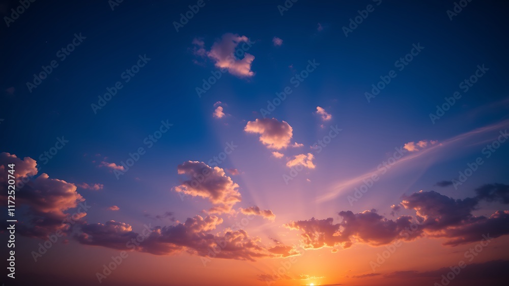 Fototapeta premium Dramatic sunset sky with vibrant orange and purple clouds, sun's rays piercing through, peaceful and serene atmosphere.