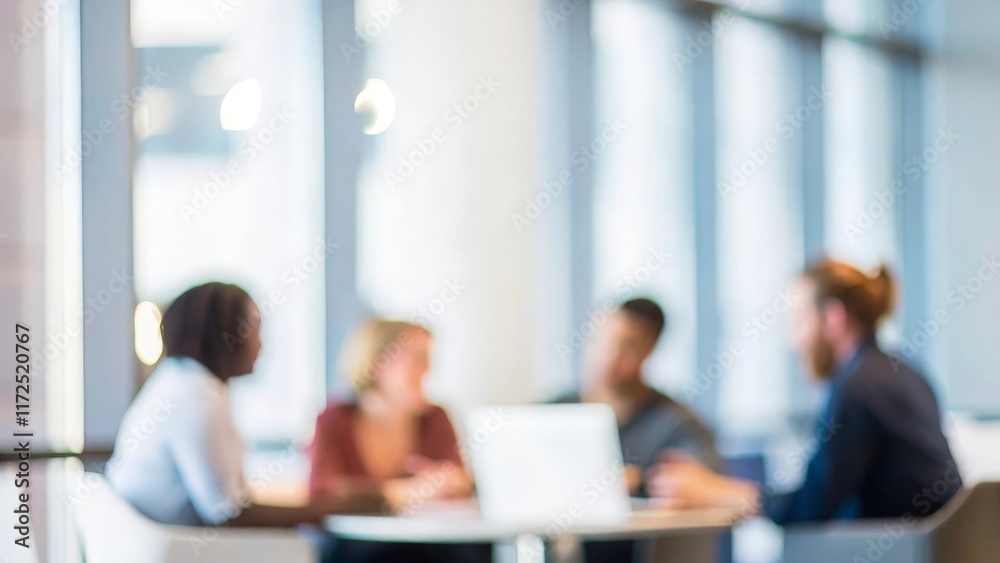 A blurred background of professionals collaborating in a modern workplace.
A blurred background of professionals collaborating in a modern workplace.