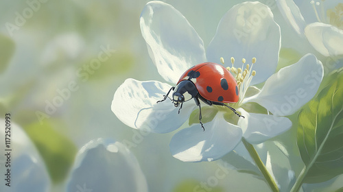ladybug resting gracefully on white apple blossom, showcasing nature beauty