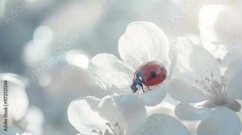 ladybug resting on delicate white apple flowers in soft light