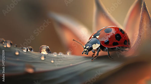 ladybug with striking black spots its glossy red back rests leaf, surrounded by dew droplets