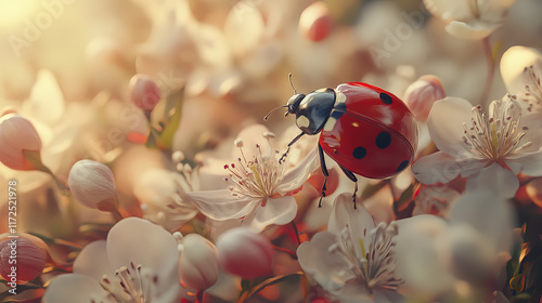 ladybug resting on delicate blooming flowers in soft sunlight
