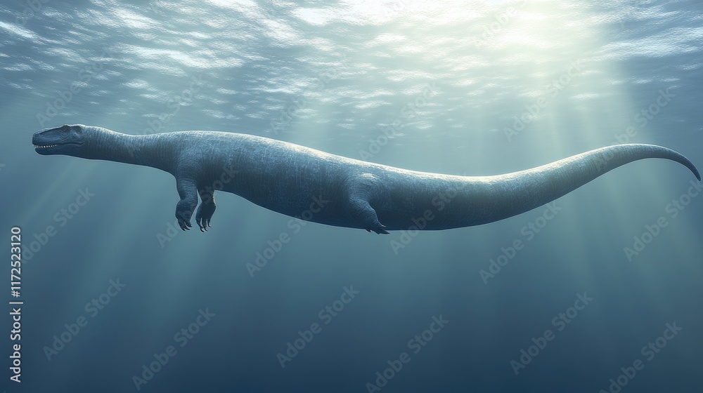 A prehistoric marine reptile swimming underwater, showcasing its long body and limbs. A prehistoric marine reptile swimming underwater, showcasing its long body and limbs.