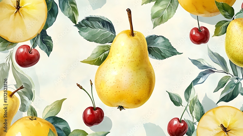 Obraz premium A seamless watercolor pattern featuring ripe apples, pears, and cherries, painted in vibrant reds, greens, and yellows, arranged on a soft cream background, artistic brushstrokes, hd clarity,