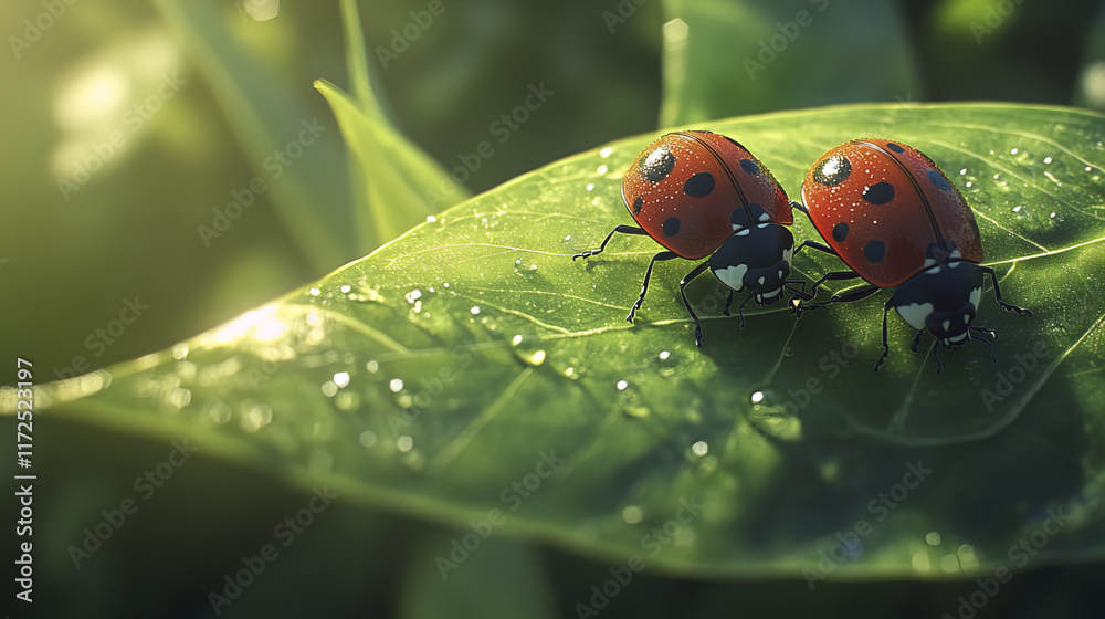 Two ladybugs on radiant green leaf, showcasing their intricate beauty Two ladybugs on radiant green leaf, showcasing their intricate beauty