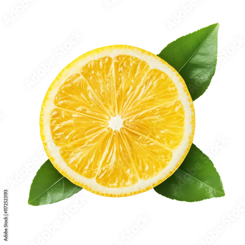 Freshly Cut Lemon Slice Surrounded by Green Leaves on White Background for Culinary, Design, and Health-Related Projects
