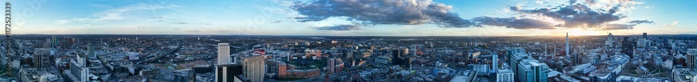 High Angle Ultra Wide Panoramic View of Buildings at Downtown Central Birmingham City of England United Kingdom During Sunset. Aerial View of Was Captured with Drone's Camera on March 30th, 2024 High Angle Ultra Wide Panoramic View of Buildings at Downtown Central Birmingham City of England United Kingdom During Sunset. Aerial View of Was Captured with Drone's Camera on March 30th, 2024